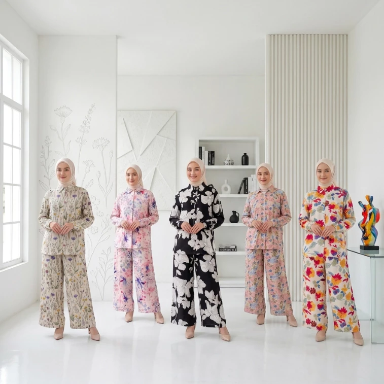 Setelan Motif Bunga Wanita Rayon One Set Kulot Panjang Adem Nyaman Baju Santai Kekinian