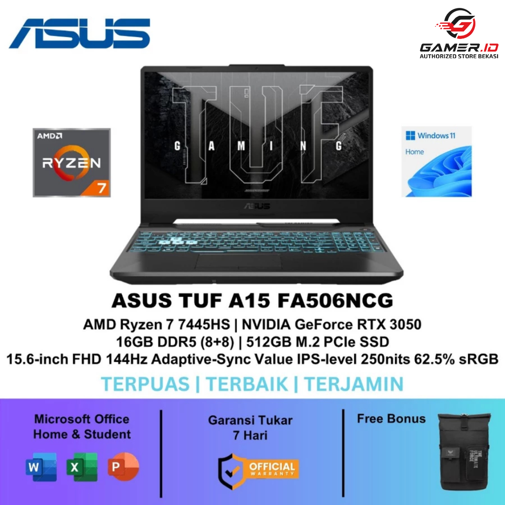 ASUS TUF A15 FA506NCG RYZEN 7 7445HS RTX3050 4GB/ 16GB 512GB W11+OHS+M365B 15.6FHD IPS BLK