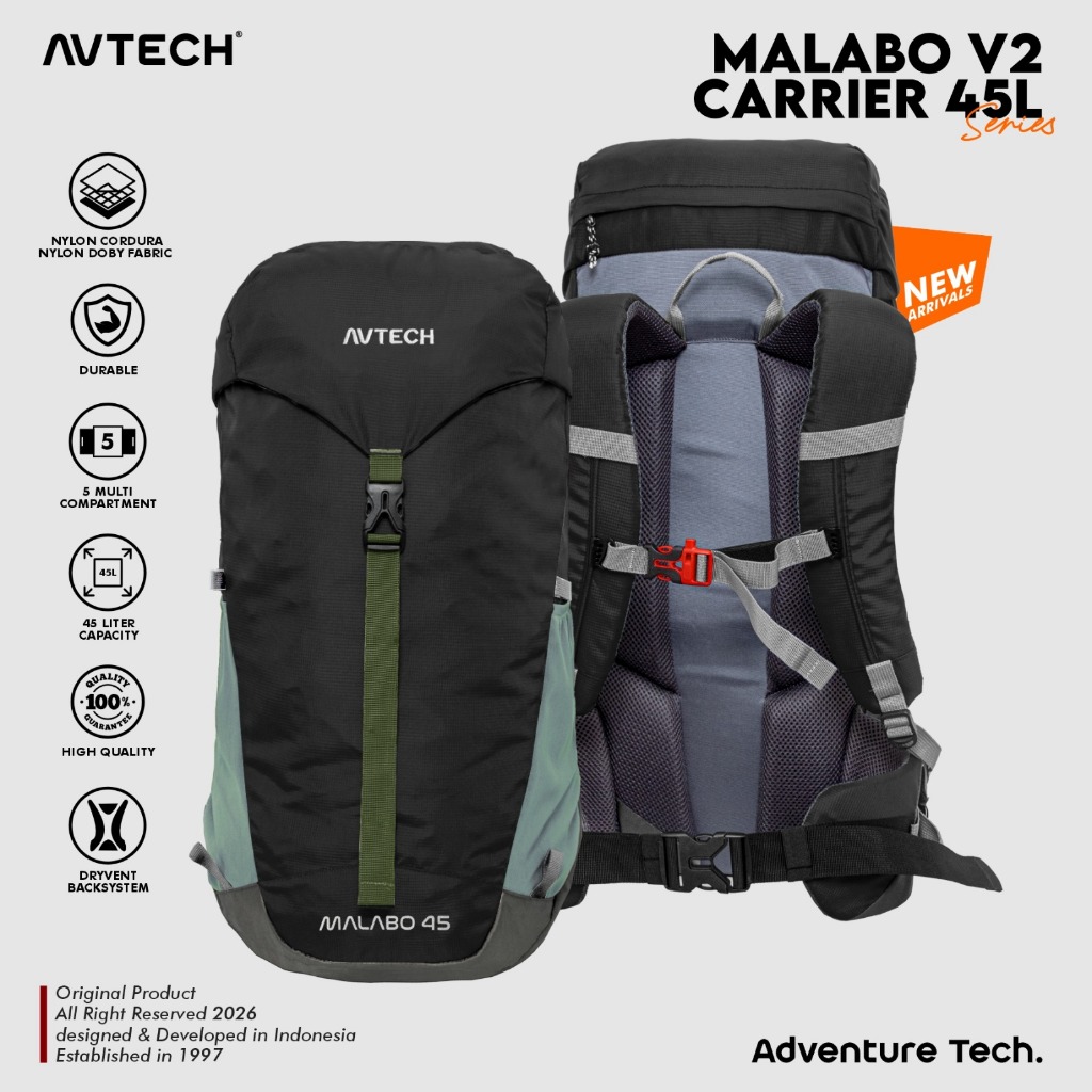 AVTECH - Tas Ransel Carrier Gunung Backpack Hiking Camping Outdoor Travel 45 Liter Free Rain Cover- MALABO 45