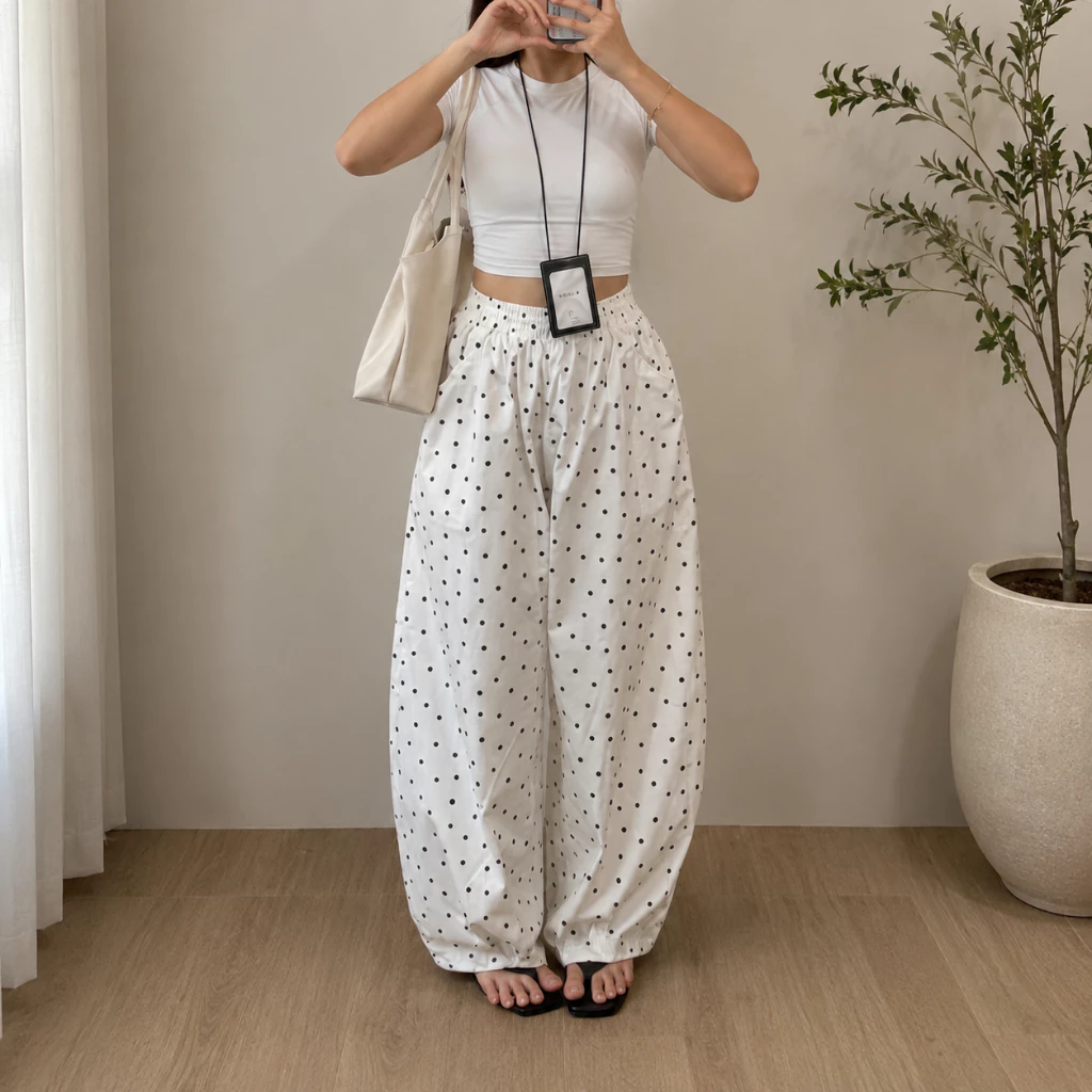 Dotty Barrel Pants - Barrel Pants Polkadot - Celana Panjang Polkadot Wanita - Baggy Pants Wanita - Celana Kekinian Cewek Aesthetic - foto 1