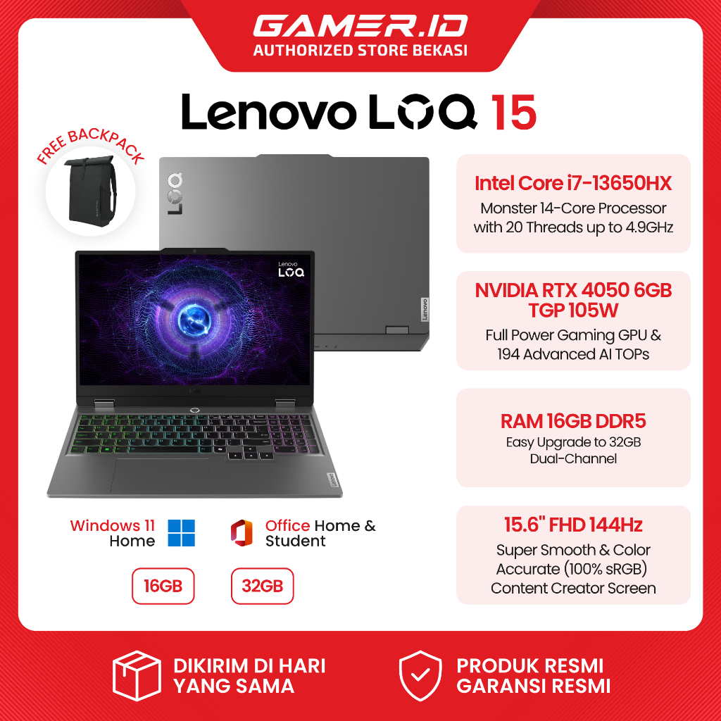 Lenovo LOQ 15 Intel Core i7-13650HX 16GB 512GB SSD RTX4050 144Hz 100% sRGB Windows 11 + OHS - 15IRX9