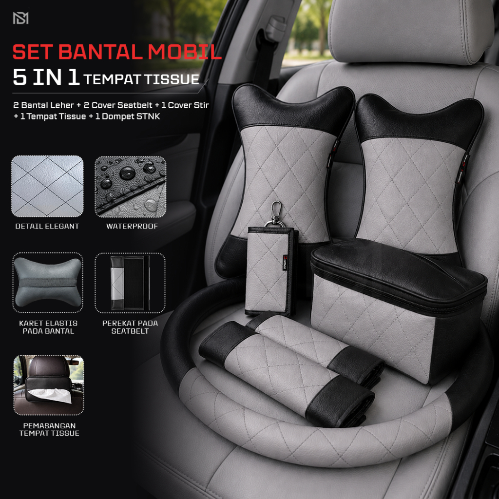 Set Bantal Mobil 5 in 1 Bantal Mobil Seatbelt Sarung Stir Dompet STNK Tempat Tissue Premium