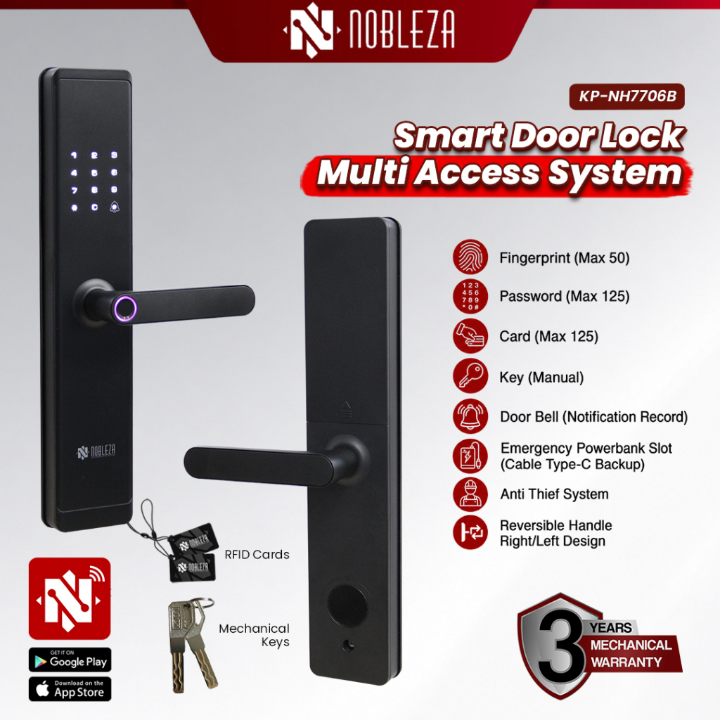 Smartlock Nobleza Digital Door Lock Fingerprint Kunci Pintu Pintar App WiFi Bluetooth Type-C RIGEL HILDA TANSY Black