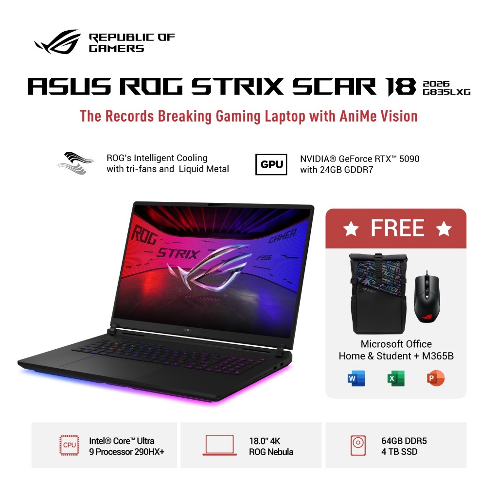 Asus ROG Strix Scar 18 G835LXG Intel Core Ultra 9 290HX+ RTX5090 24GB - Ram 64GB 4TB RAID Windows 11 Home + Office 18.0 Inch 4K MINILED 240Hz