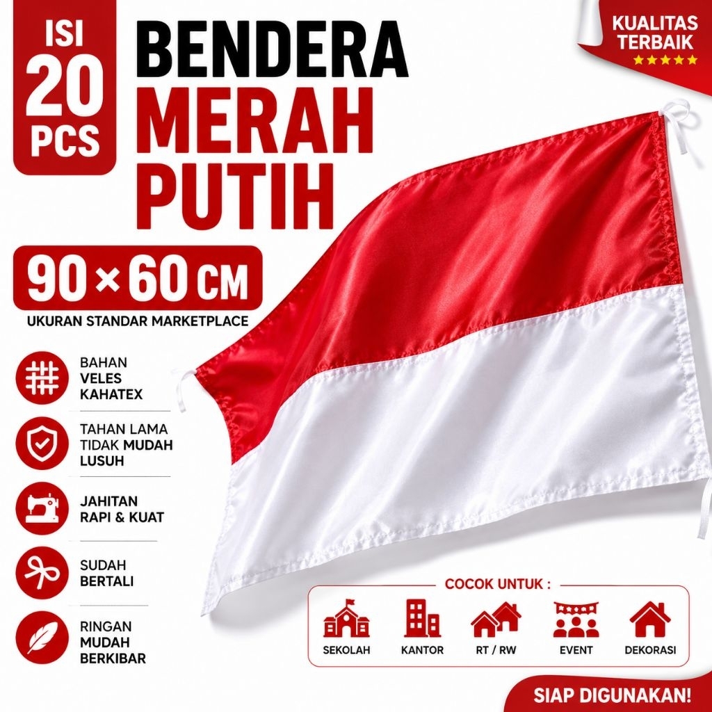Bendera Merah Putih 90x60 Isi 20 Pcs Bahan Veles Kahatex Dekorasi 17 Agustus Sekolah Kantor RT RW