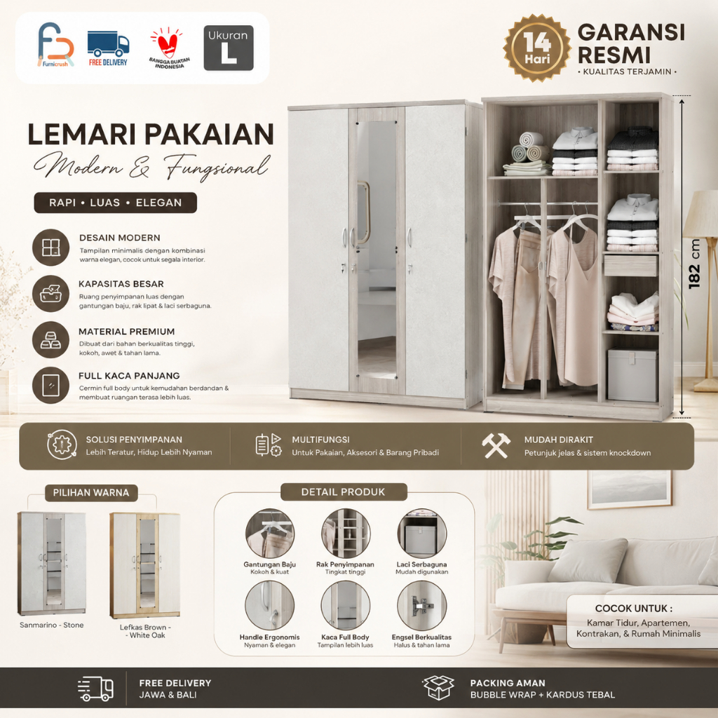 Jual Furnicrush Lemari Pakaian 3 Pintu / Lemari Baju Minimalis / Almari ...
