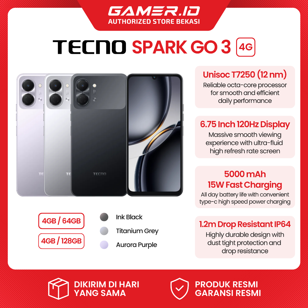 Tecno Spark Go 3 4GB 8GB RAM 64GB 128GB Unisoc T7250 120Hz IP64 Dust + Splashes Garansi Resmi