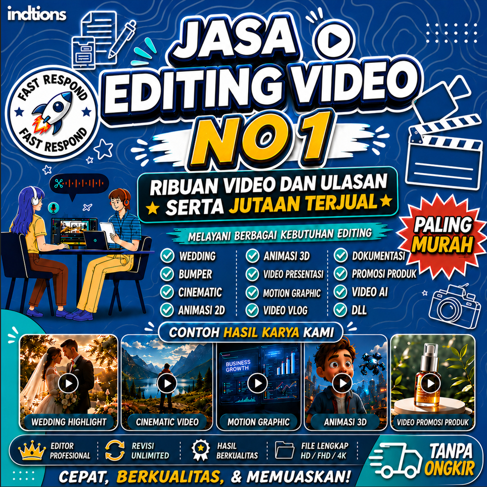 JASA EDITING VIDEO PROFESSIONAL CINEMATIC, ANIMATION 2D dan 3D, VLOG, WEDDING, IKLAN, PROMOSI, DLL