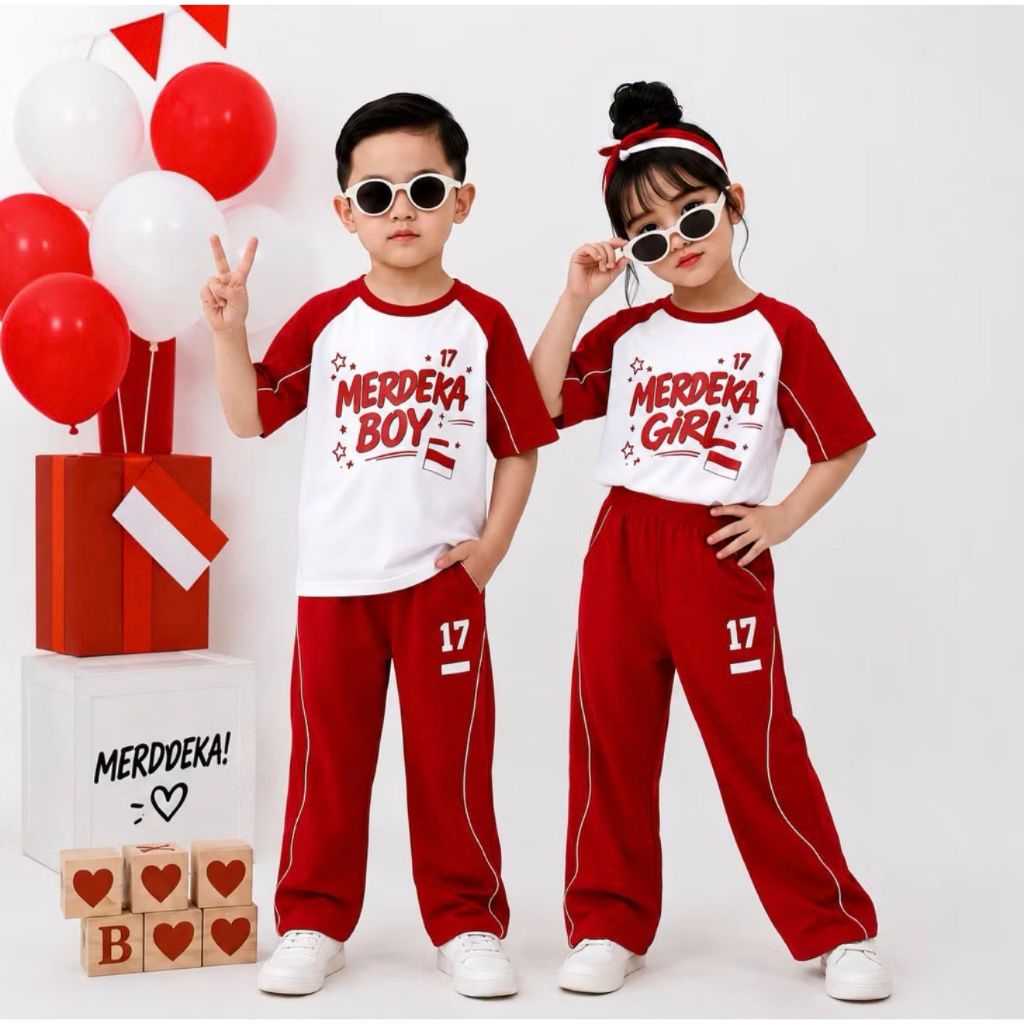 Setelan Anak 17 Agustus Merdeka Girl Boy Baju Kemerdekaan Anak Kaos Celana Panjang Merah Putih