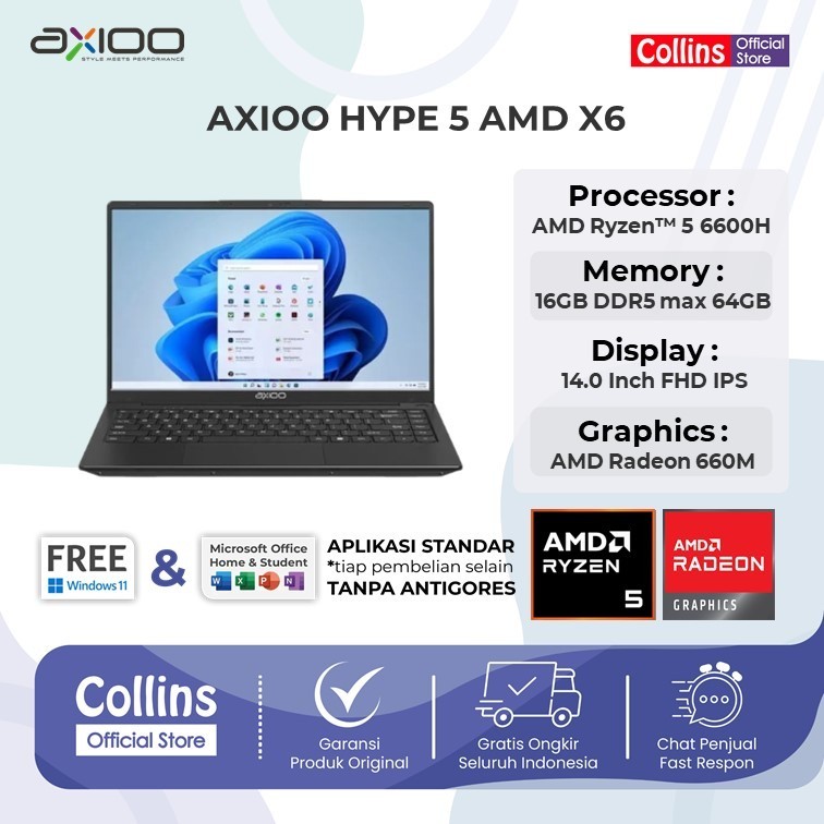 Jual Axioo Hype 5 AMD X6 Ryzen 5-6600H RAM 16GB/512GB SS/14.0 Inch
