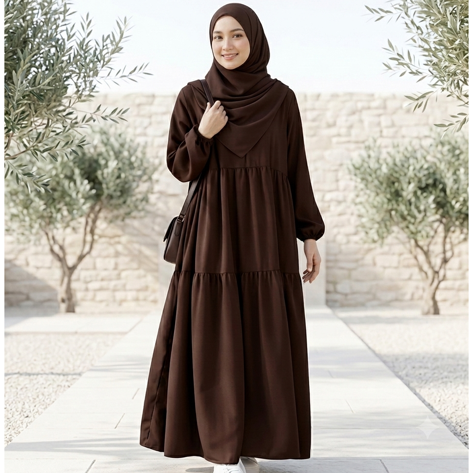Syifa Gamis Wanita Polos Susun Ruffle Premium Dress Muslimah Kekinian Baju Syari Earth Tone