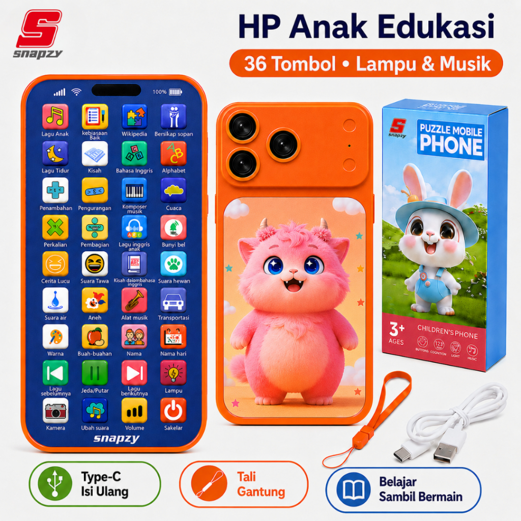 Snapzy HP Mainan Anak Edukasi 36 Tombol Musik Lampu Rechargeable Type-C Bahasa Indonesia