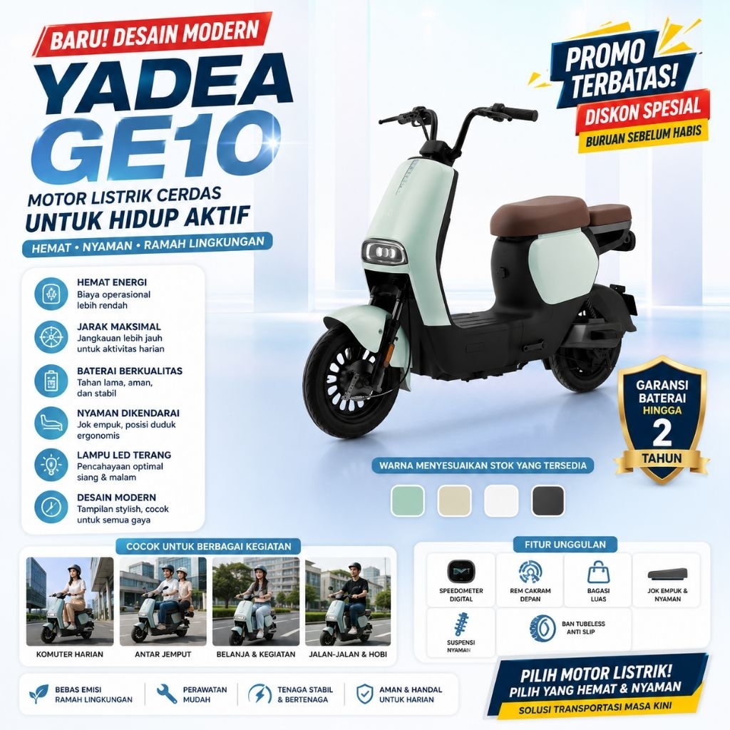 Motor Listrik YADEA GE10 Original Hemat Energi Desain Modern Baterai Rechargeable Nyaman untuk Mobilitas Harian