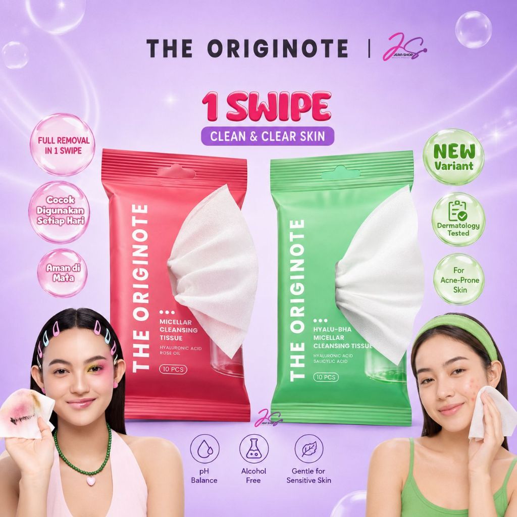 The Originote Micellar Cleansing Tissue - Face Wipes Makeup Remover Wajah Pembersih Make Up Waterproof Tidak Perih Mata Travel Friendly Hyaluronic Acid Rose Extract 10 Sheets
