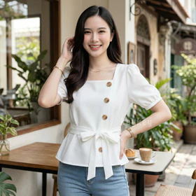 SELINE Blouse Wanita Wolfis Premium Simple Chic Atasan Wanita Korean Style Tali Ikat Pinggang