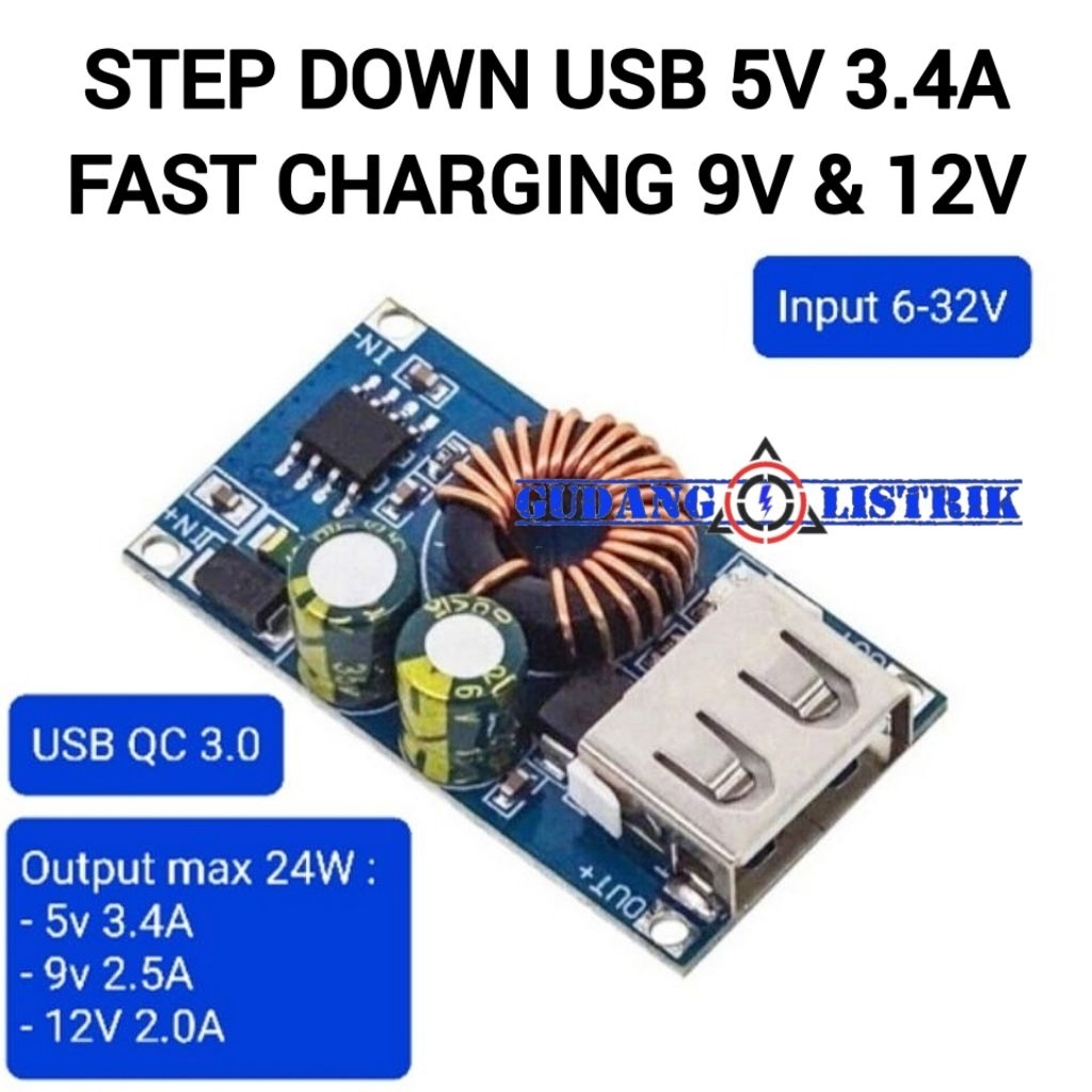 Jual Module Charger Step Down USB 3.0 Fast Charging 6-32V to 5V 3.4A ...