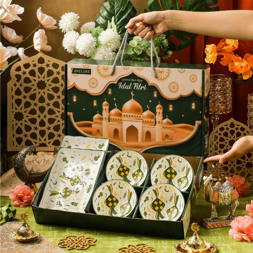 AVELINE Hampers Lebaran Mangkok Premium Set Idul Fitri / Mangkok Set Premium Bowl Set / Hampers Mangkok & Piring Lebaran /  Hampers Lebaran Premium Bowl Motif Ketupat