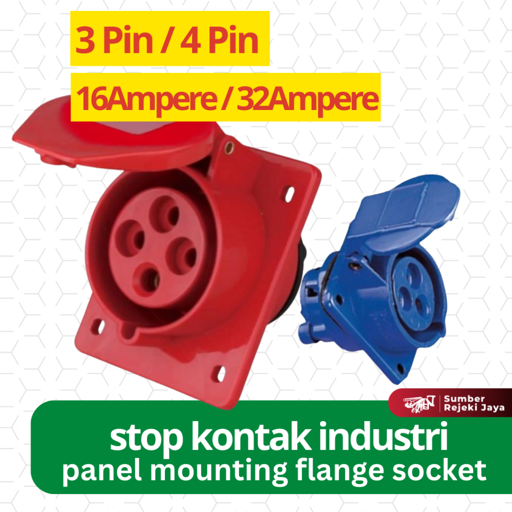 stop kontak industri 3 Pin / 4 Pin | 16A / 32A | panel mounting flange socket untuk genset stop kontak