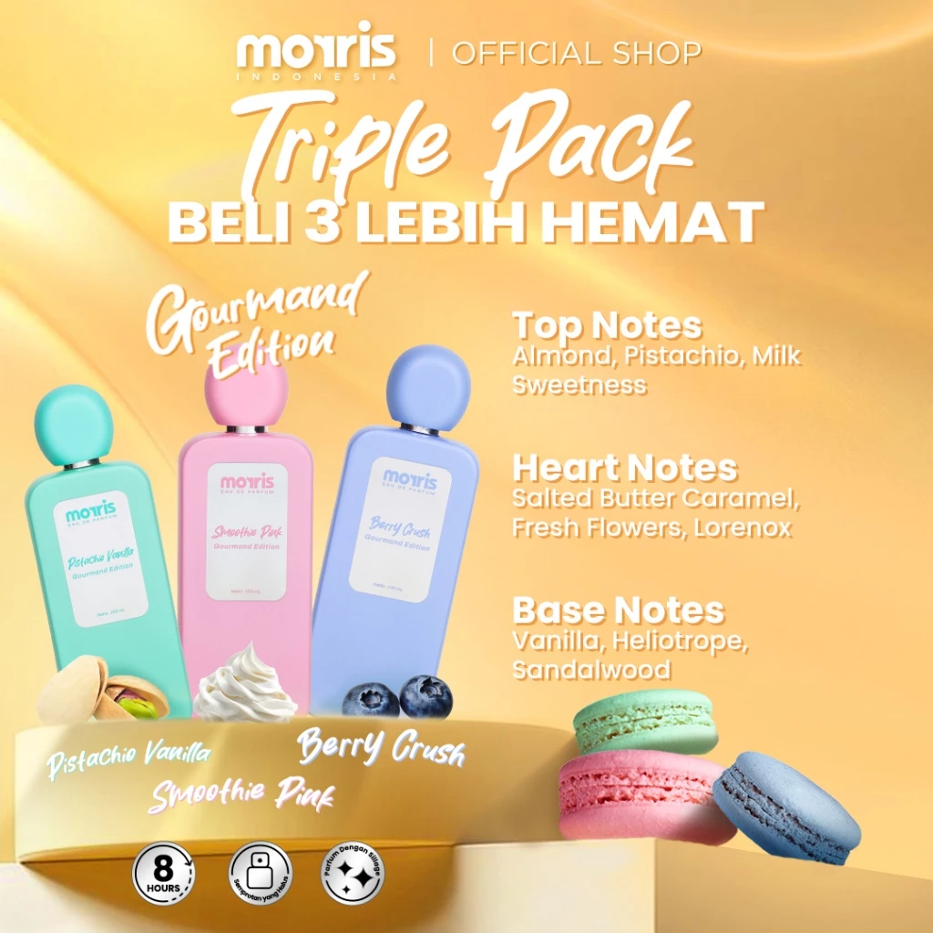 [PAKET HEMAT 3 PCS] Morris Eau De Parfum Gourmand Edition 100ml – Parfume Aroma Manis Kue Vanilla | Perfume Wanita Wangi Tahan Lama