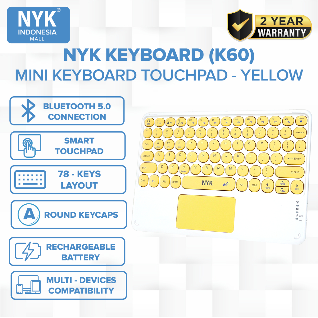 NYK Keyboard K60 Bluetooth Mini Kuning Touchpad Yellow COD 10 inch For tab ipad samsung macbook windows android pc laptop bergaransi
