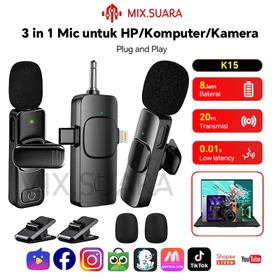 MIX.SUARA K15 3 In 1 Wireless Microphone Clip On Jepit Noise Reduction Plug Play Mikrofon