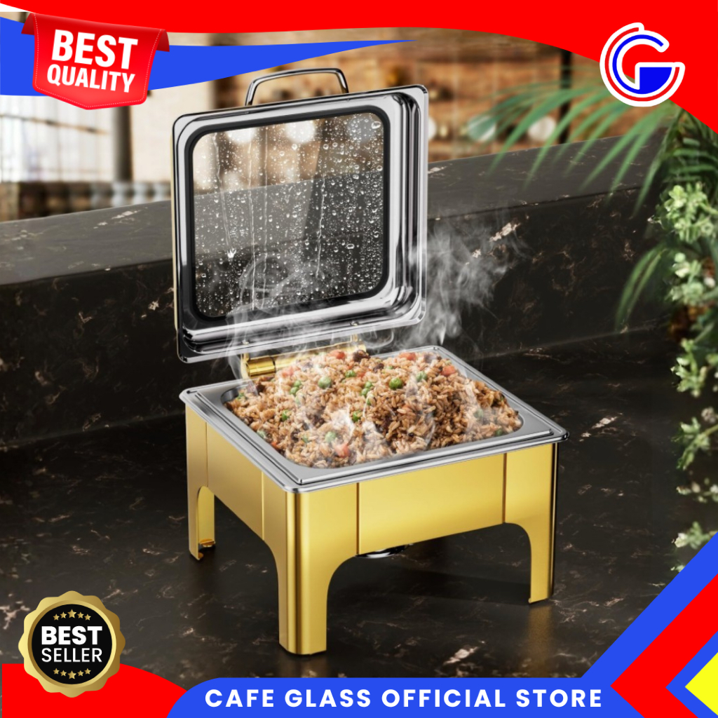 Prasmanan Set Stainless Kotak 6L - Wadah Saji Tutup Kaca Gold Silver - Penghangat Makanan Listrik Spiritus - Fliptop Roll Top