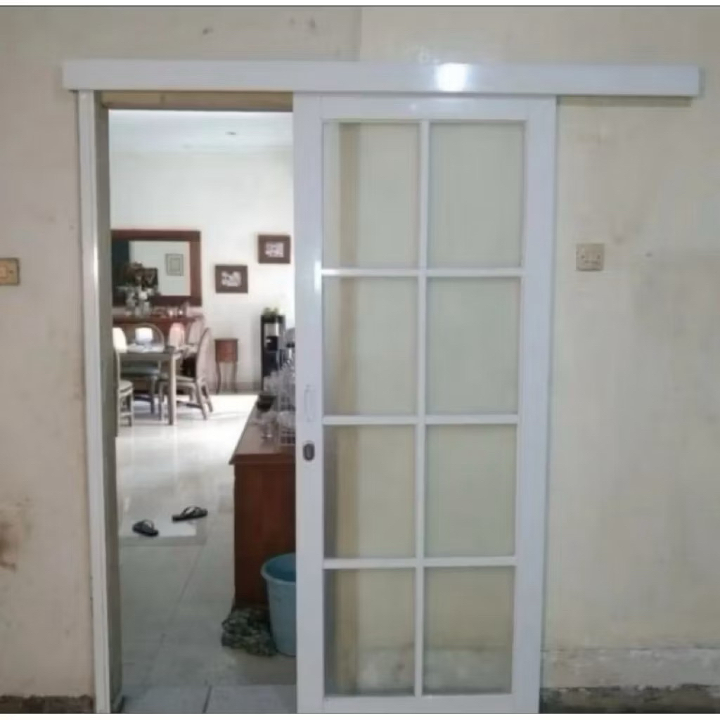 satu set pintu sleding full kaca rangka alumunium ornamen tinggal pasang