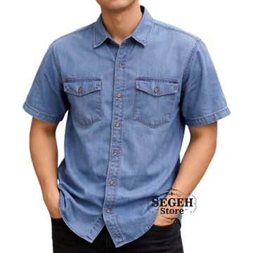 Kemeja Jeans Pria Denim Lengan Pendek Casual Nyaman