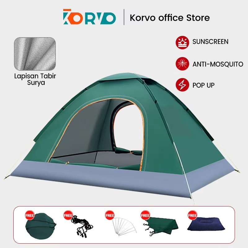 KORVO Tenda Camping Kemah Luar Ruangan Anti UV, Tahan Air, Anti Serangga Tenda 3 - 4 Orang
