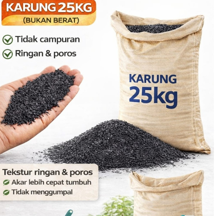 Sekam Bakar Media Tanam Ukuran karung 25 kg - Ramah Lingkungan, Sumber Kalium, Tidak Mudah Lapuk Untuk Tanaman