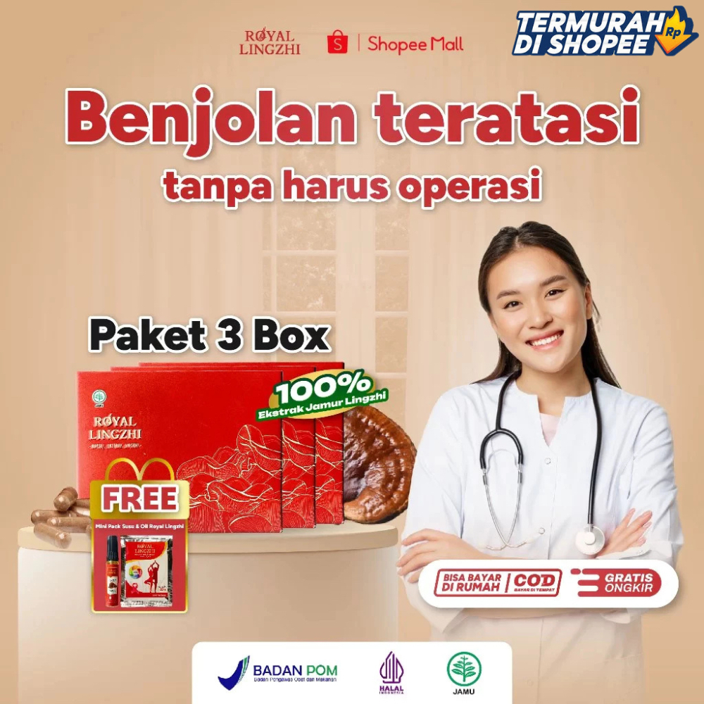 Royal Lingzhi Kapsul Herbal Obat Benjolan Ampuh Atasi Benjolan & Lipoma Kanker Payudara Tumor Jinak Hipertiroid Benjolan Leher100% Ekstrak Jamur Lingzhi Paket Hemat Isi 3 Box