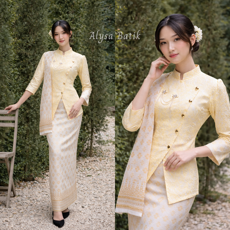 Jual Alysa Batik - Kebaya Janggan Emboss Butter Yellow Viral Busui Set ...