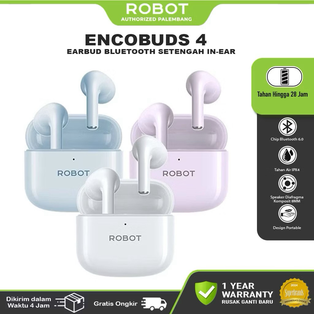 ROBOT Encobuds 4 TWS Earphone Bluetooth 6.0 Headset Wireless Mini Earbuds 28 Hours PlayTime Ultra Bass Sound Original