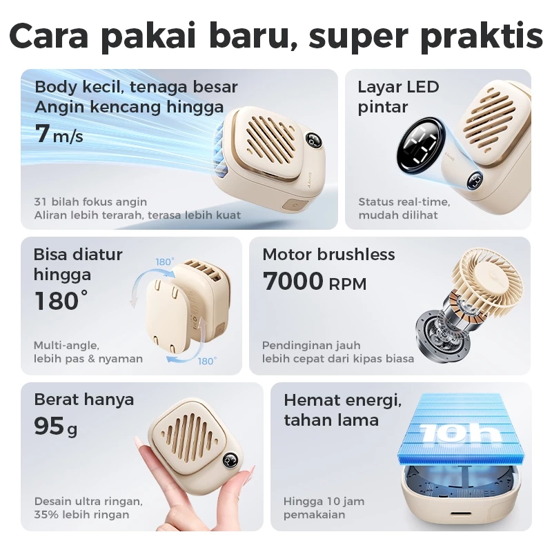 Aecooly Mini Kipas Leher Portable 95 gram dengan desain magnetic fit dan 3 tingkat kecepatan