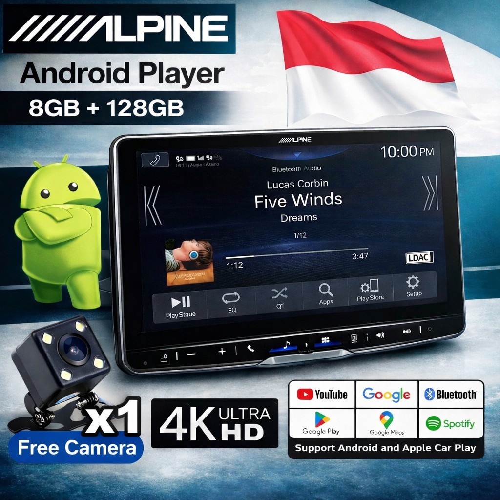 Alpine Android Head Unit 2DIN 9"/10" MP5 Touchscreen Bluetooth GPS WiFi Car Multimedia Player + Kamera Mundur LED Mobil