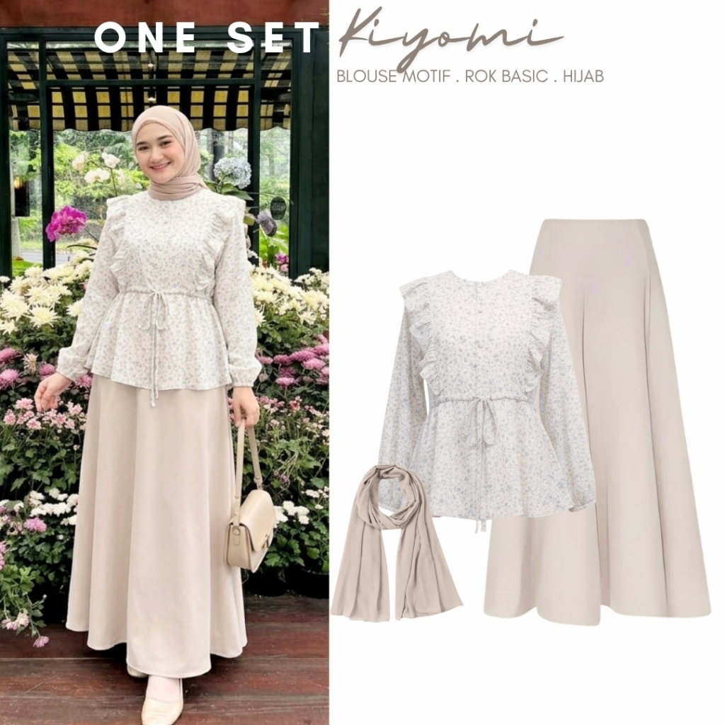 Jual One Set Wanita Kekinian ( Blouse Ruffle Motif+ Rok Basic+ Pasmina ...