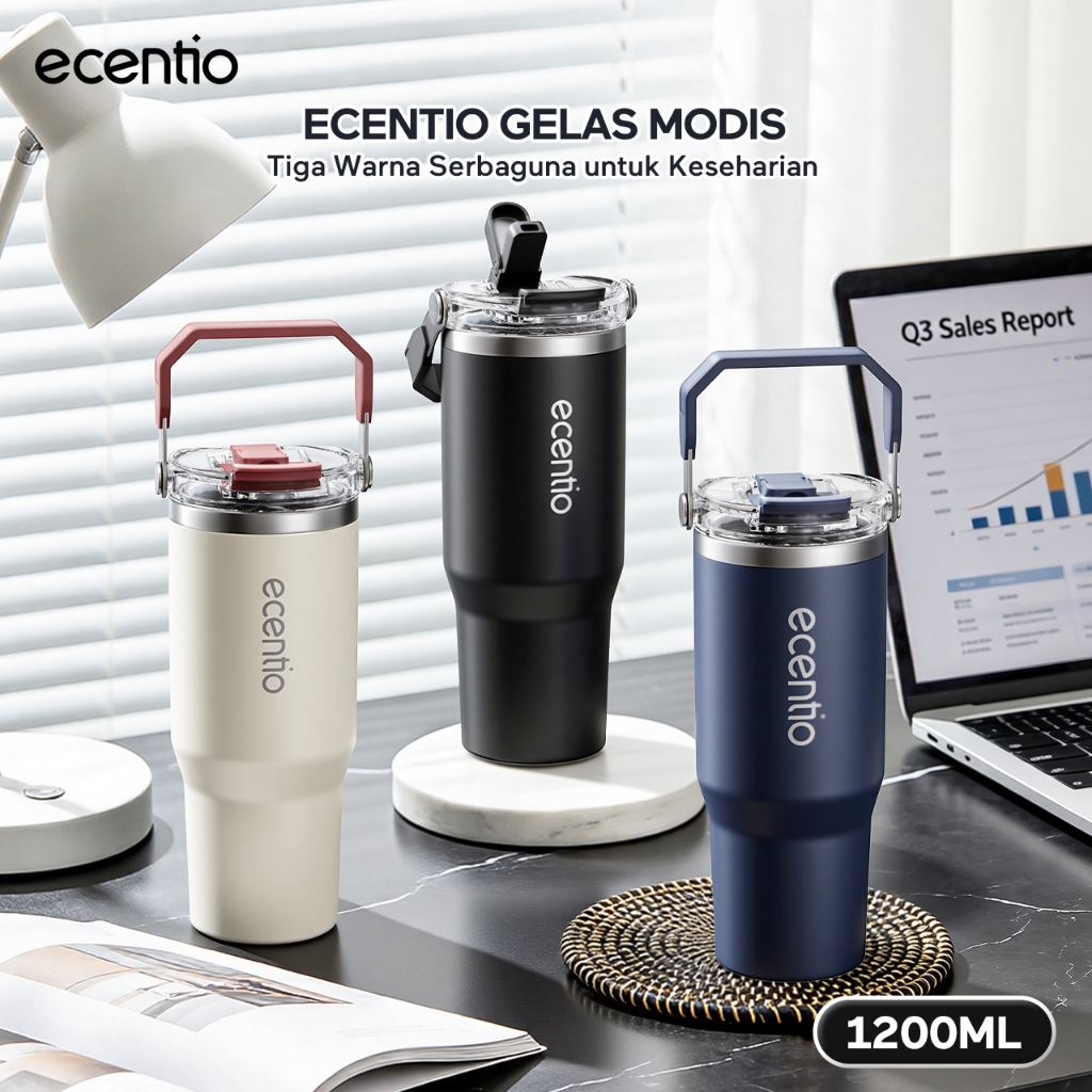 [BIG MAC]ecentio Klasik Tumbler Stainless 1200ml Tahan Dingin Super 24 jam Tumbler Sedotan Dengan Tutup - Prussian blue