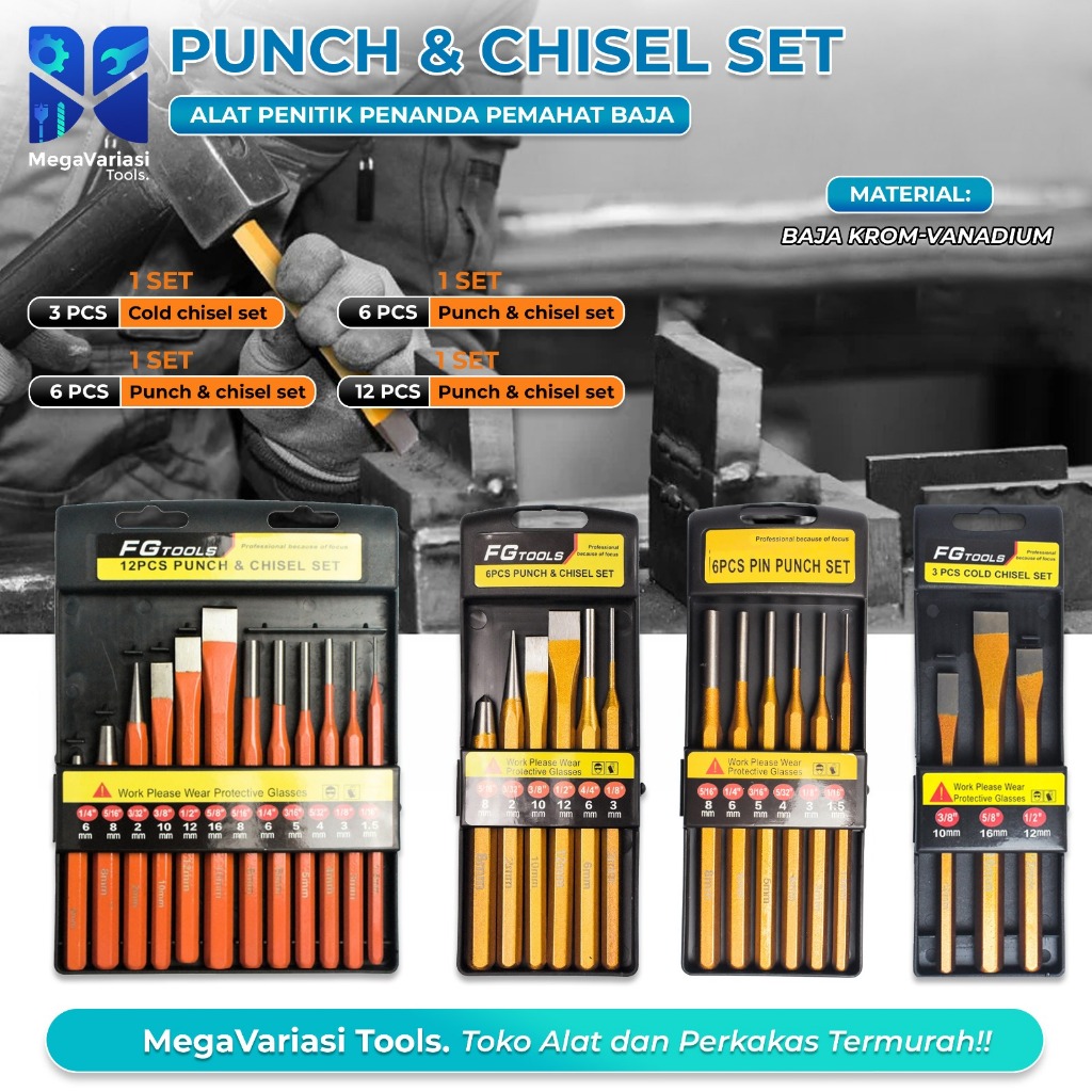Jual Pin Punch Set Chrome Vanadium 3pcs 6pcs 12pcs | Pahat Penitik Besi ...