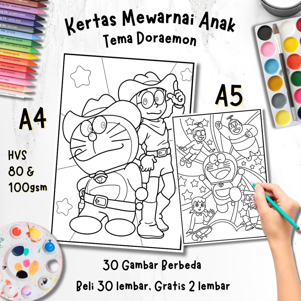 Jual 30 Lembar Kertas Mewarnai Anak Tema Doraemon A5 & A4 - Aktivitas ...