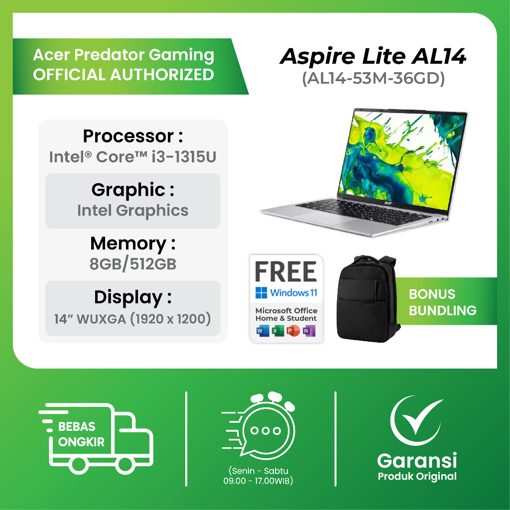 Jual Acer Aspire Lite 14 AL14-53M-36GD Intel Core I3 1315 8GB 512GB ...