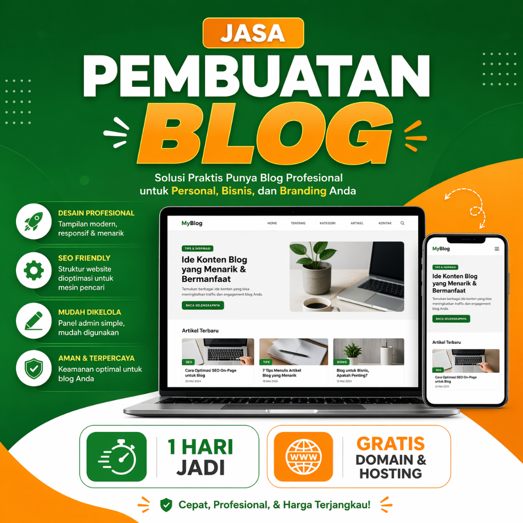 Website Blog - Domain Hosting 1 Tahun - Optimasi Google Dasar - Web Artikel - Web Media Konten - Jasa Buat Web Personal Branding - Jasa Pembuatan Website Blog SEO - Website Informasi