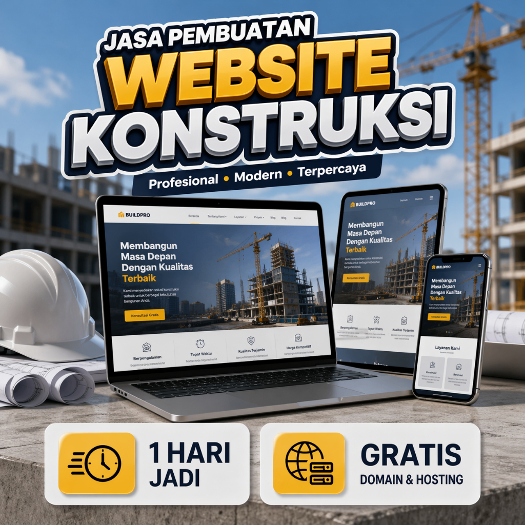 Website Konstruksi - Domain Hosting 1 Tahun - Optimasi Google Dasar - Web Kontraktor - Web Proyek Bangunan - Jasa Buat Web Developer Properti - Jasa Pembuatan Website Bangunan - Website Arsitektur