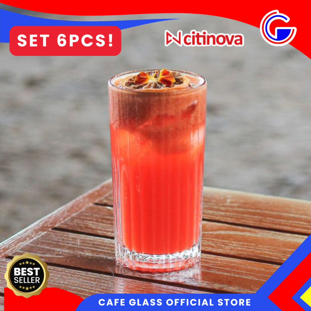 Gelas Motif Garis Aesthetic - Gelas Kaca Set 6pcs Dilly Citinova - Gelas Beverage Mojito Jus Cafe Restoran - Highball Glass Motif