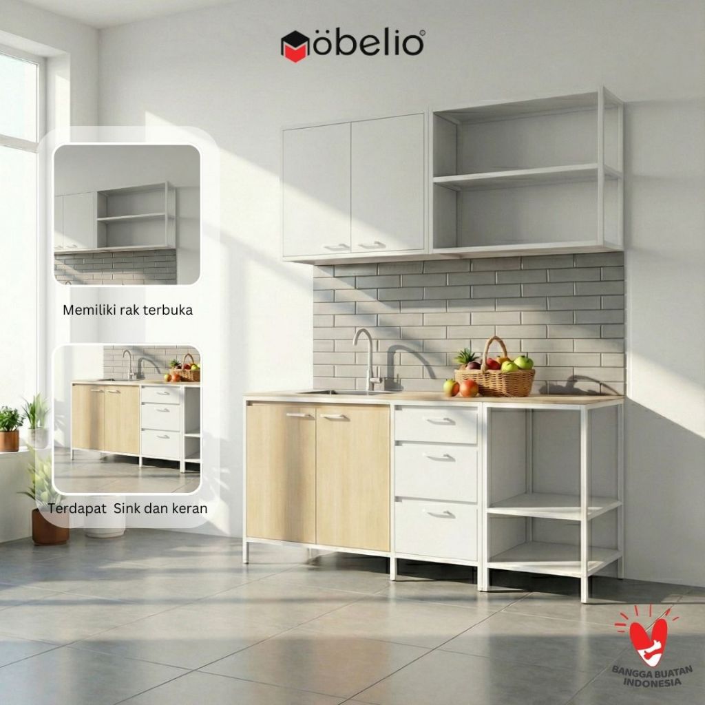 MOBELIO - Kitchen Set Besi Lemari Atas Bawah 2 dan 3 Pintu Sink Kabinet Kitchen Set Cabinet Steel Minimalis Modern White Putih - SC