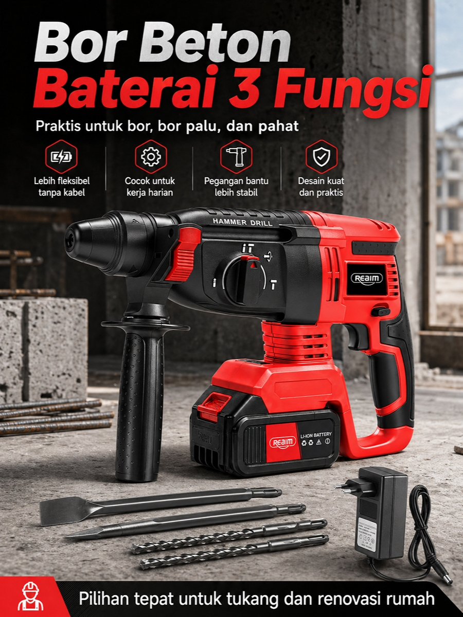 Jual Reaim 3 MODE Cordless Brushless Rotary Hammer Impact Drill ...