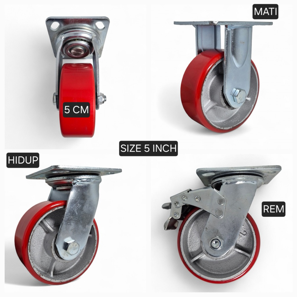 Jual Roda PU Merah Heavy Duty Troli/Trolley 3, 4, 5, 6, 8 Inch Rem ...