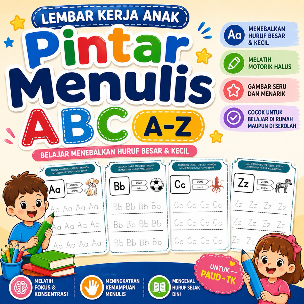 Jual Lembar Kerja Anak Pintar Menulis ABC A-Z | Worksheet Tebalkan ...