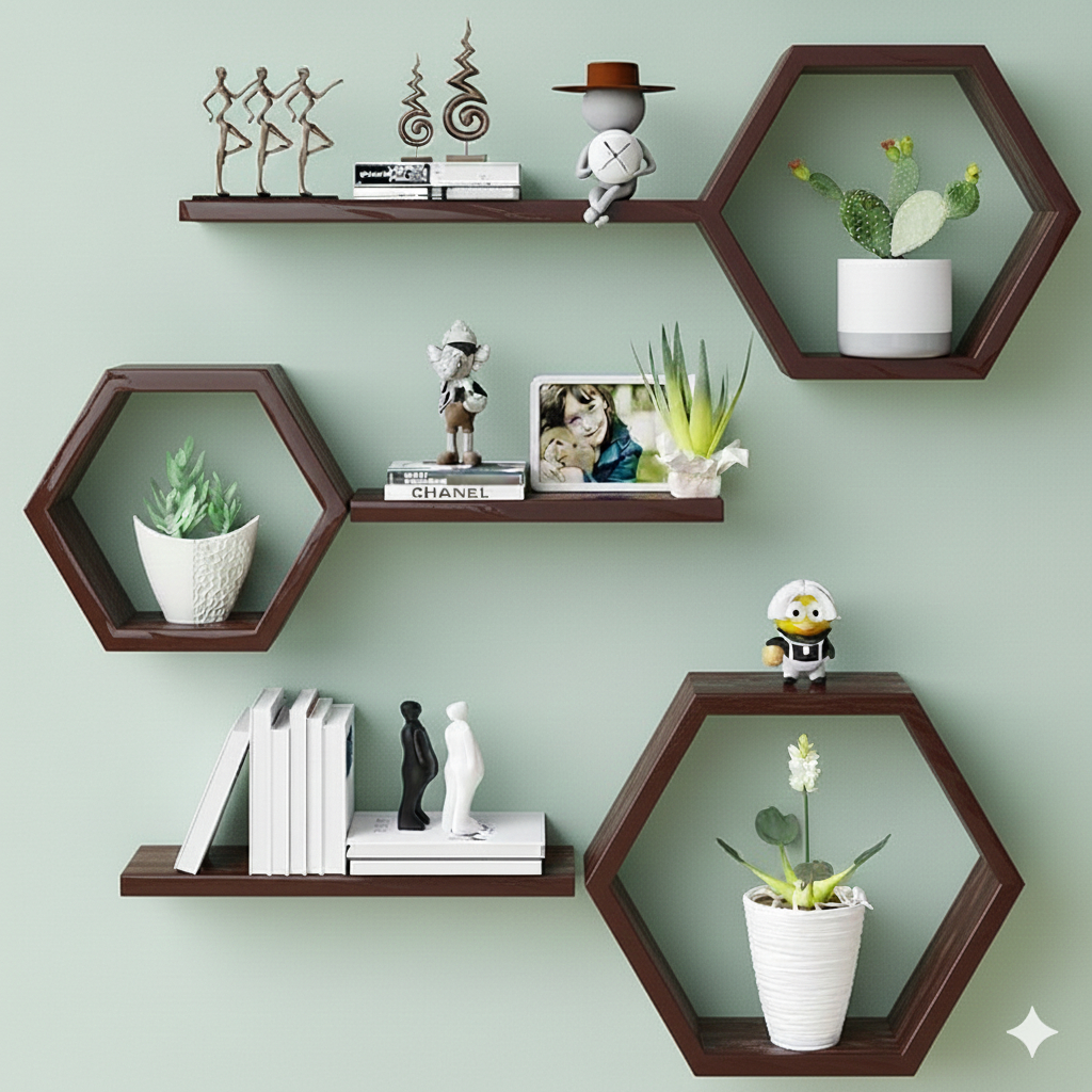 Hiasan Dinding Kayu Hexagonal Aesthetic Minimalis - Paket 6 PCS