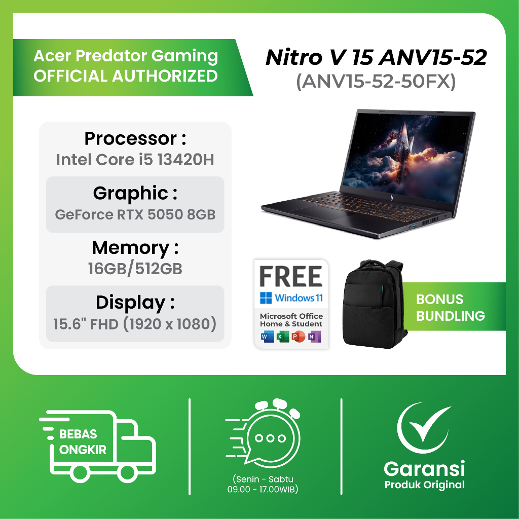 Acer Nitro V 15 ANV15-52-50FX RTX5050 8GB Intel Core I5 13420H 16GB 512GB Windows 11+Office 15.6FHD 100sRGB