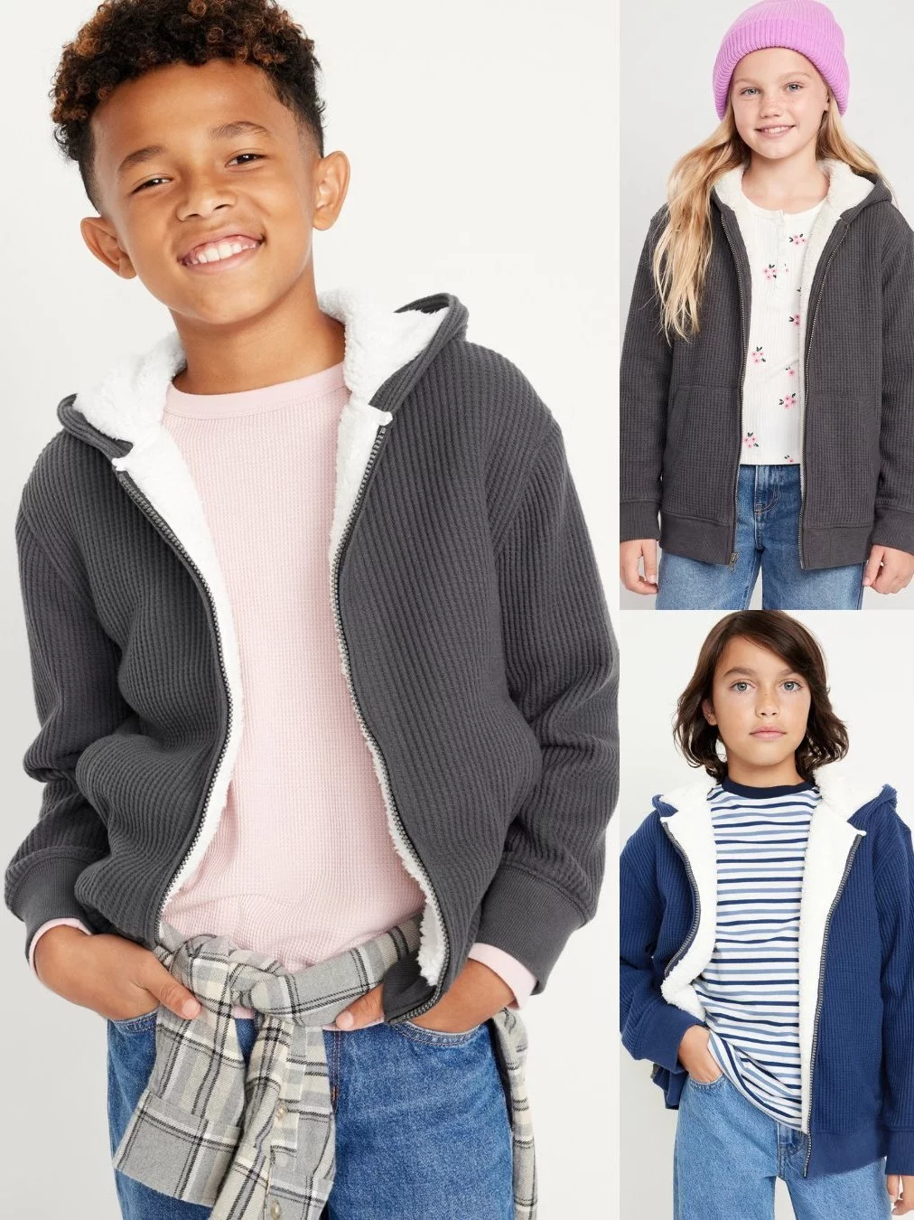 Jaket Hoodie Anak Junior ABG Bahan Sherpa OLN Kids Cozy Thermal-Knit Sherpa-Lined Zip Hoodie - 2387